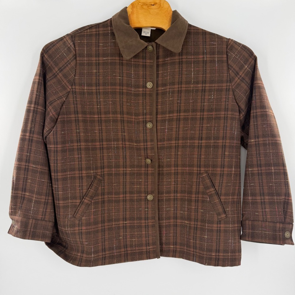 Allison Daley Brown Plaid Metallic Button Front Jacket Women Size 16 RN 54365